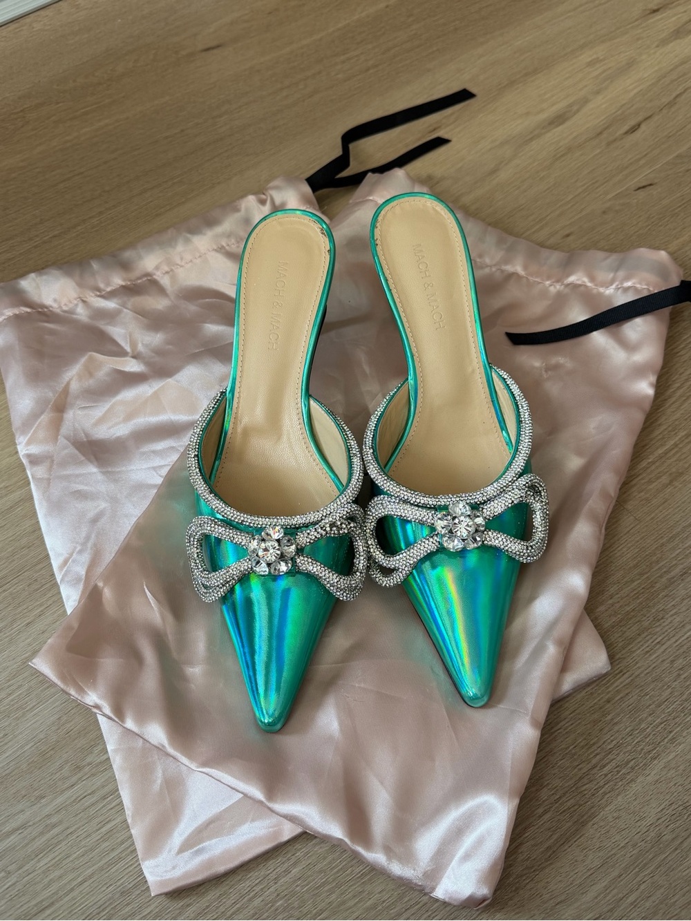 MACH & MACH Holographic Teal Pointed Crystal-Bow Mule Heels